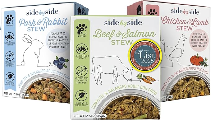 Side by Side Variety Stew - Warming/Cooling/Neutral Wet Dog Food & Dog Food Topper for All Breeds - Made with Nutrients & Whole Raw Ingredients - No Artificial Additives or Fillers (12.5 oz, 3-Pack)