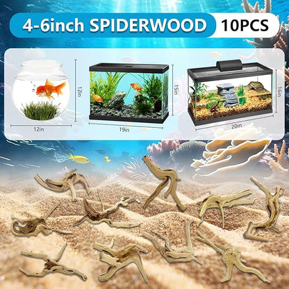 10 Pcs Natural Small Spiderwood for Aquarium, Aquarium Driftwood Freshwater 4-6 Inch, Assorted Size Spider Wood, Twisted Branches for Fishtank Accessories, Reptile Terrariums Decorations