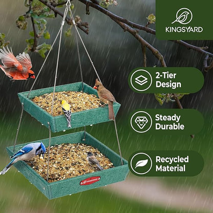 Kingsyard 2 Tier Platform Bird Feeders for Outdoors Hanging, 5 lbs Large Capacity Recycled Plastic Flat Mealworm Bird Feeder Tray, Garden Decoration Attracting Cardinal Blue Jay, Green