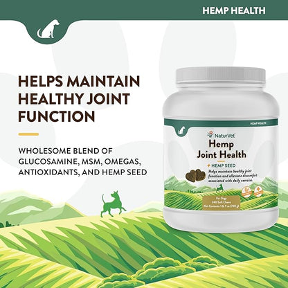 NaturVet Hemp Joint Health Hip & Joint Support Dog Supplement  Soft Chew Supplements for Dogs with Glucosamine, MSM, Chondroitin, Omega 3, Vitamins, Antioxidants  240 Ct.