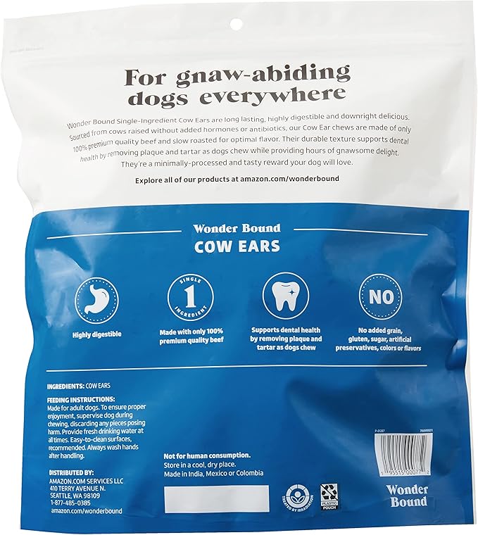 Amazon Brand – Wonder Bound Cow Ears Dog Treats, Pack of 12, Beef, Highly Digestible, Minimally Processed
