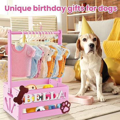 20" x 13" x 9" Wooden Pet Wardrobe Closet Crate Box with Hanging Rods and Personalized Pet Alphabet Letters Easy Assembly Baskets for Dog Cat Toys Clothes Accessories(Pink)