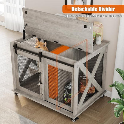 Dog Crate Furniture with Sliding Barn Door,Flip Top Furniture Style Dog Crate End Table with Wheels,Indoor Dog Kennel Furniture with Removable Divider,Dog House,Grey
