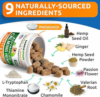 BARK&SPARK Advanced Calming Hemp Treats for Dogs - Hemp Oil + Melatonin - Anxiety Relief - Separation Aid - Stress Relief During Fireworks, Storms, Thunder - Aggressive Behavior, Barking - 180 Chews