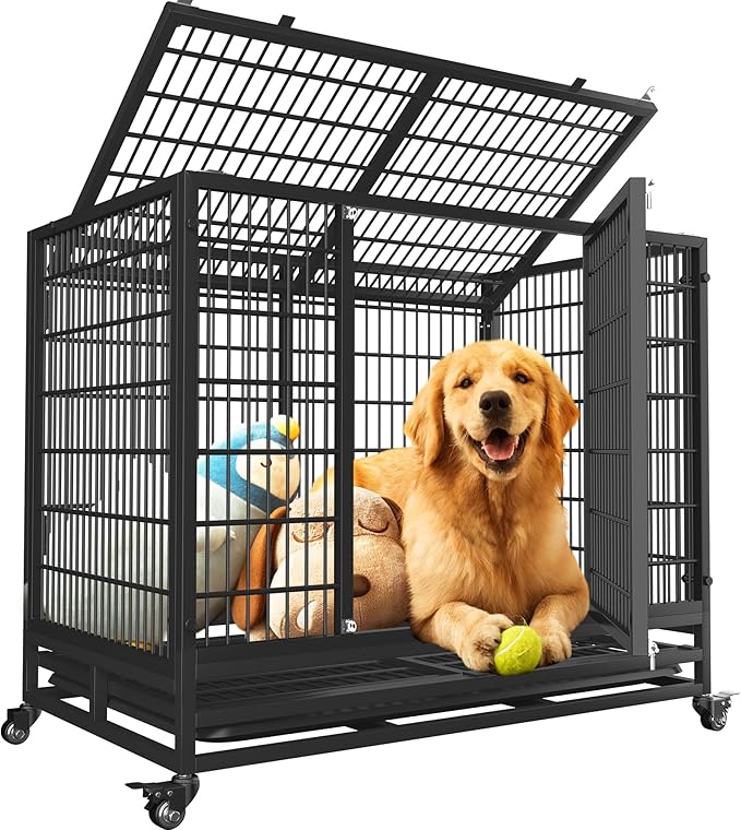 38" Heavy Duty Dog Crate,Robust Stable Dog Kennel,Suitable for High Anxiety Escape Proof Dog Crate,Two-Door Design Small Dog Crate with Locking Wheels,for Small Dog,Black.