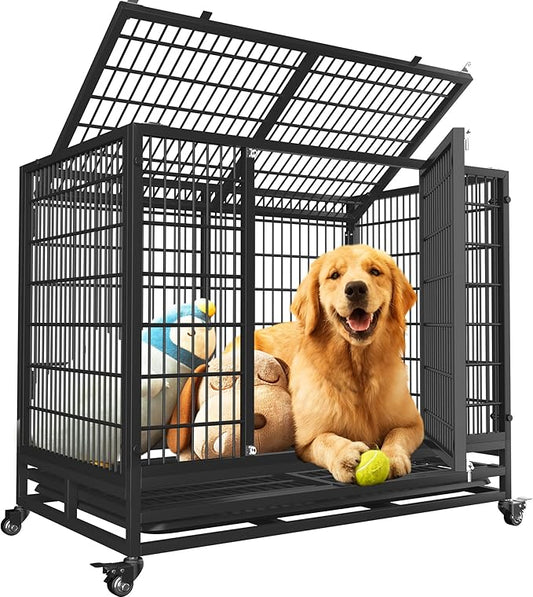 38" Heavy Duty Dog Crate,Robust Stable Dog Kennel,Suitable for High Anxiety Escape Proof Dog Crate,Two-Door Design Small Dog Crate with Locking Wheels,for Small Dog,Black.