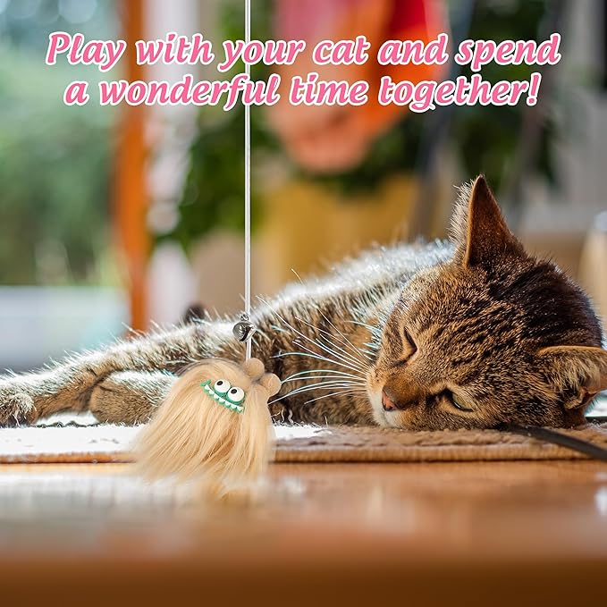 Elastic Cat Wand Toy Funny Interactive Plush Cat Fishing Pole Toy with Bell Soft Natural Wood Kitten String Toys for Indoor Cats Kittens Bored Cats (3 Pack)