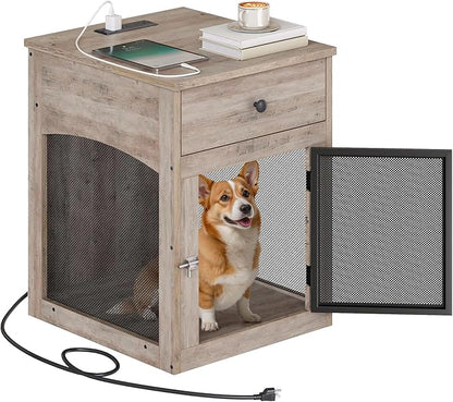 HOOBRO Dog Crate Furniture, Dog Kennel with Drawer and Charging Station, Indoor Decorative Puppy House, Wooden Pet Crate End Table for Small Dogs, Greige and Black BG58UGW03G1