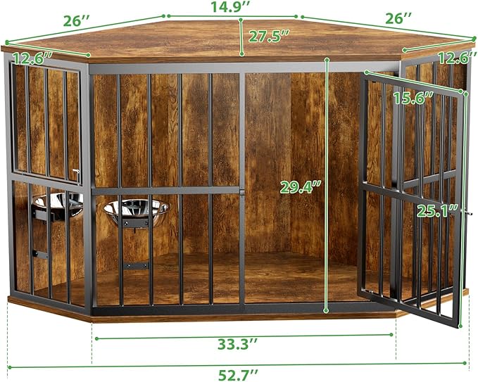 Large Dog Crate Furniture, 53” Heavy Duty Corner Dog Crate with 2 Stainless Steel Bowls, Dog Kennel Furniture Style House, Wooden Decorative Pet House End Side Table, Chew-Resistant, Rustic