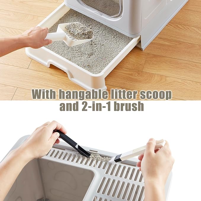 Gefryco Litter Box with Lid for Small to Medium Cats, Enclosed Cat Litter Box with Cover，High Sided Top Entry Cat Box with Brush and Scoop, Cute Kitty Litter Pan with Drawer for Growing Kittens(Grey)