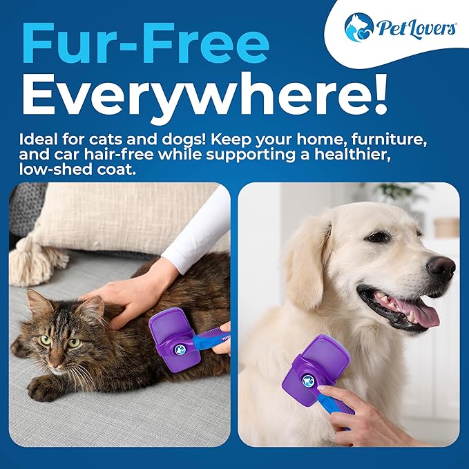 PetLovers EzSlicker Self-Cleaning Brush - Dog Brush for Shedding, Gentle Slicker Brush for Cats, Tangle-Free Grooming Comb with Soft Bristles & Ergonomic Handle for Stress-Free Grooming (Purple)