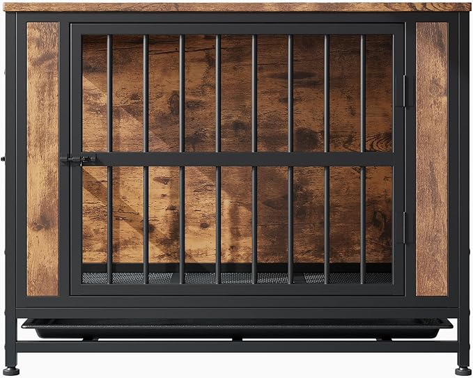 32.8 Inch Wooden Dog Crate Furniture,Indoor Pet Kennel with 2 Sliding Doors,Pull-Out Tray,Stylish Design for Home Decor,Rustic Brown