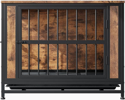 32.8 Inch Wooden Dog Crate Furniture,Indoor Pet Kennel with 2 Sliding Doors,Pull-Out Tray,Stylish Design for Home Decor,Rustic Brown