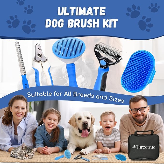Complete Dog Brush set, 5-in-1 Grooming kit with Slicker Brush, Rubber Massage Brush, Nail Clipper, File, and Undercoat Rake.