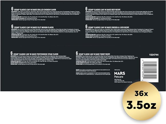 Cesar Wet Dog Food Classic Loaf in Sauce Grilled Chicken, Filet Mignon, Porterhouse Steak, Beef, Chicken & Liver and Turkey Variety Pack 3.5 oz. Easy Peel Trays (36 Count, Pack of 1)