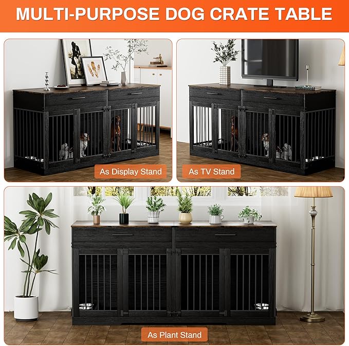 Rophefx 72" Dog Crate Furniture for 2 Dogs, Large Dog Kennel Furniture with 2 Storage Drawers and 4 Bowls, Wooden Dog Cage with Removable Divider, Indoor Dog House TV Stand for Medium Dog, Black