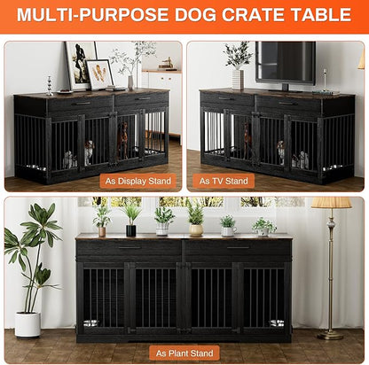Rophefx 72" Dog Crate Furniture for 2 Dogs, Large Dog Kennel Furniture with 2 Storage Drawers and 4 Bowls, Wooden Dog Cage with Removable Divider, Indoor Dog House TV Stand for Medium Dog, Black
