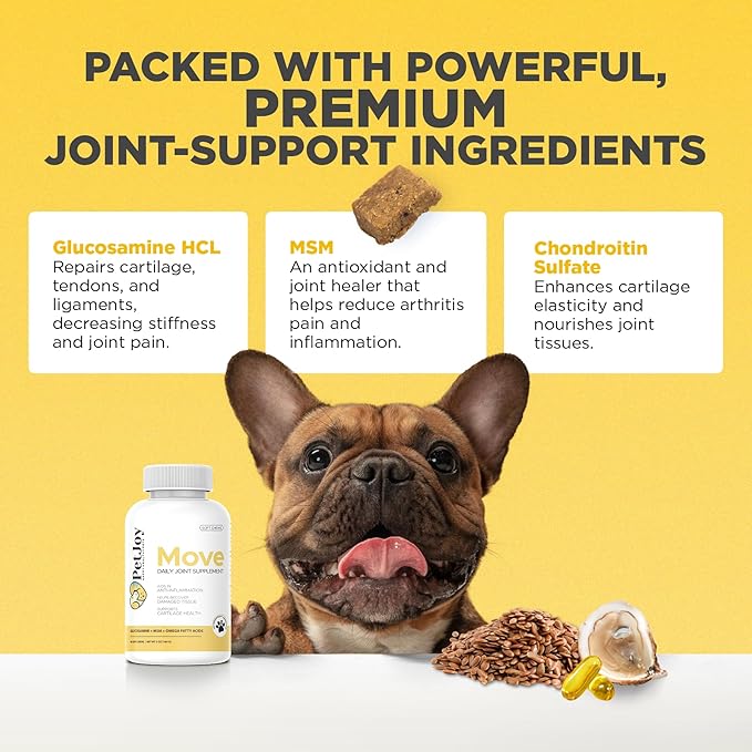 PetJoy Mobility Chews for Dog Arthritis Pain Relief - Hip and Joint Supplement for Dogs Senior and Large Breeds Glucosamine Chondroitin Joint Health Support (60 Chewable Bacon Treats)