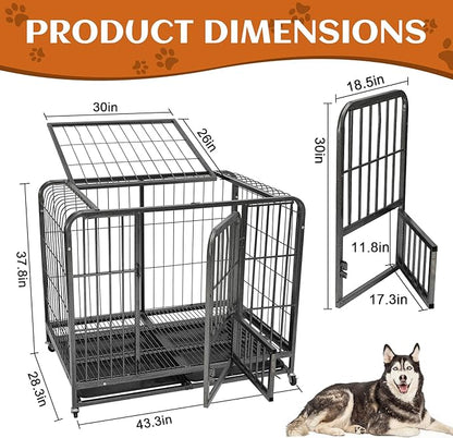 43.3inch Indestructible Metal Dog Crates for Large Dogs, Heavy Duty Escape Proof Dog Kennel Indoor Extra Large Dog Crate with Lockable Wheels, XL Dog Crate 43.3" L x 28.3" W x 37.8" H