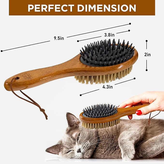 TAKAVU Short Hair Dog Cat Brush, Double-Sided Silicone & Bristle Pet Grooming Brush for Removing Dirt & Loose Hair, Coats Detangling Deshedding, Massage Pet Skin, Wood Handle Pet Comb