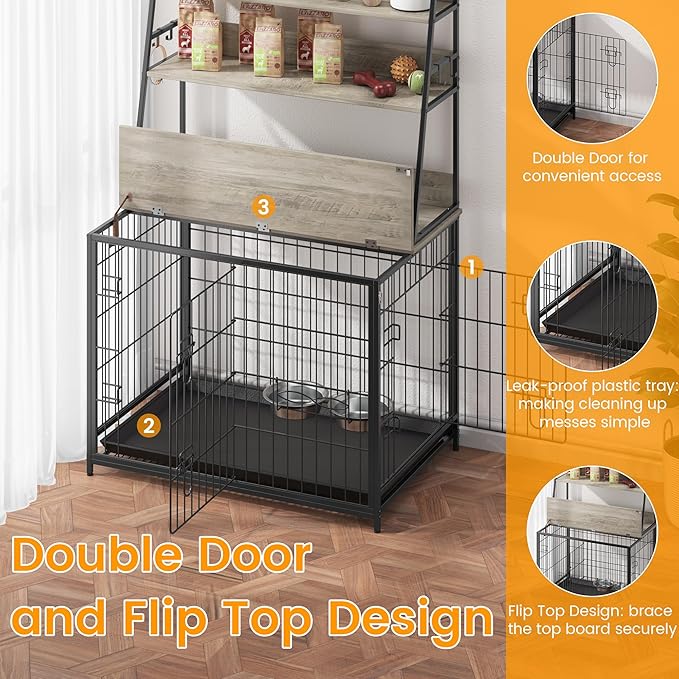 Dog Crate Furniture, 57 Inch Dog Kennel Furniture with Storage Shelves and Removable Tray, Indoor Dog House with 2 Doors and 2 Adjustable Bowls, Gray