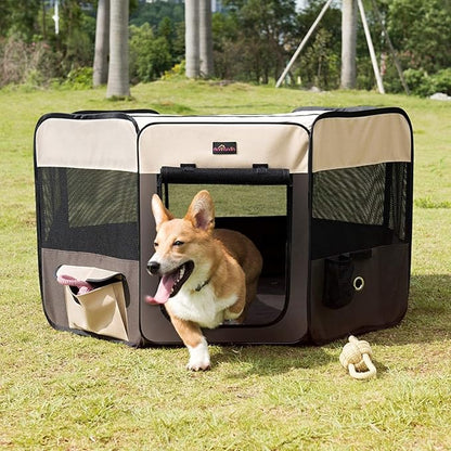 Aivituvin Dog Playpen, Foldable Pet Play Pens with Carrying Bag for Cat, Puppies, Rabbits, Portable Dog Tent Crates Cage for Travel Camping Indoor Outdoor, Removable Shade Cover, Brown M