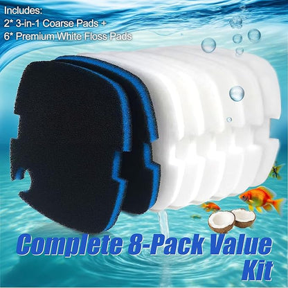 8 PCS Replacement Filter Pads for MarineLand for Magniflow 360/400 Canister Filters, Upgraded 3-in-1 Coarse (Activated Carbon) & White Floss Media - Mechanical & Biological Filtration