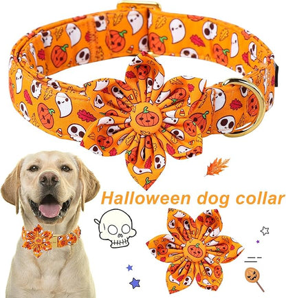 ARING PET Halloween Dog Collar-Cotton Pumpkin Dog Collar with Flower, Adjustable Halloween Themed Dog Collars Pet Necklace with Metal Buckle for Girl&Boy Dogs