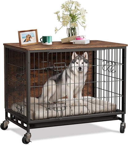Dog Crate Furniture, 38.6" Wooden Dog Crate with Double Doors & Wheels, Upgraded Kennel End Table, Indoor Cage for Large Dog, Rustic Brown