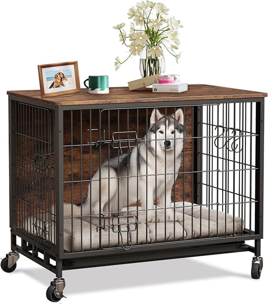Dog Crate Furniture, 38.6" Wooden Dog Crate with Double Doors & Wheels, Upgraded Kennel End Table, Indoor Cage for Large Dog, Rustic Brown