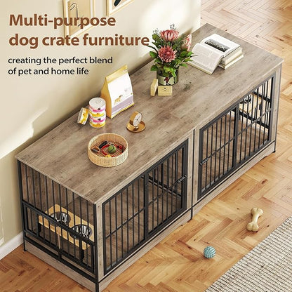Rovibek 78 Double Dog Crate Furniture for 2 Large Dogs Indoor, Wooden Furniture Dog Crates with Dog Bowl, Dog Kennel Furniture TV Stand Large Breed Grey
