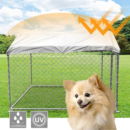 6.6 x 6.6FT Large Outdoor Dog Kennel, Anti-Rust Dog Kennel Outside with Roof, Heavy Duty Chain Link Dog Runs Cage for Outside Backy ard with Waterproof UV-Resistant Cover
