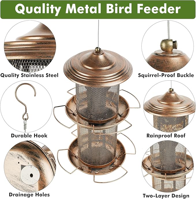 Bird Feeder for Outdoors, Double Layered Circular Tower Birdfeeder, Metal Bird Feeders with Cover Fixing Buckle for Outside Hanging, 4Lbs Capacity
