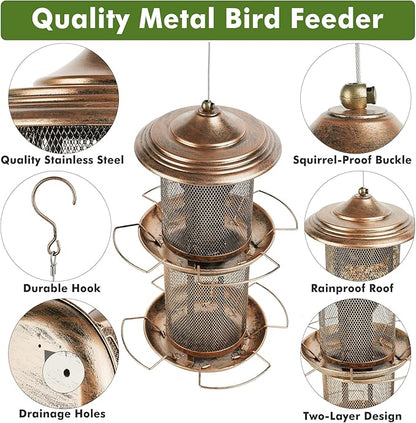 Bird Feeder for Outdoors, Double Layered Circular Tower Birdfeeder, Metal Bird Feeders with Cover Fixing Buckle for Outside Hanging, 4Lbs Capacity