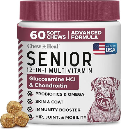 12-in-1 Multivitamin for Senior Dogs - 60 Senior Dog Vitamin and Supplement Soft Chews for Hip and Joint - Advanced Formula with Glucosamine, Omega 3,6,9, Vitamins, Probiotics - Made in The USA