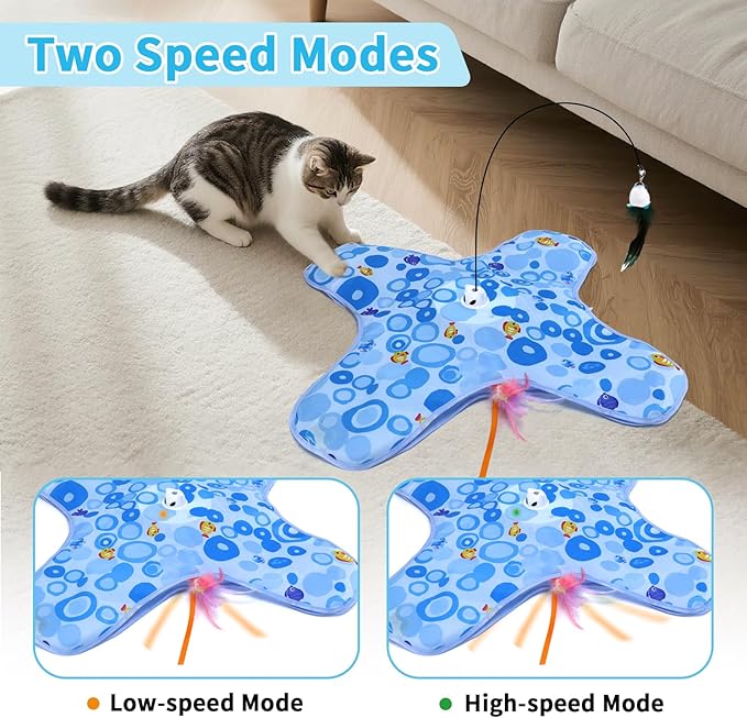 DFQ Cat Toys,3 in 1 USB Rechargeable Automatic Kitten Toy,Flying Bird Kitten Wand,Hide and Seek Exercise Kicker for All Breeds Indoor Adult Cats(Blue Fish with Pole)
