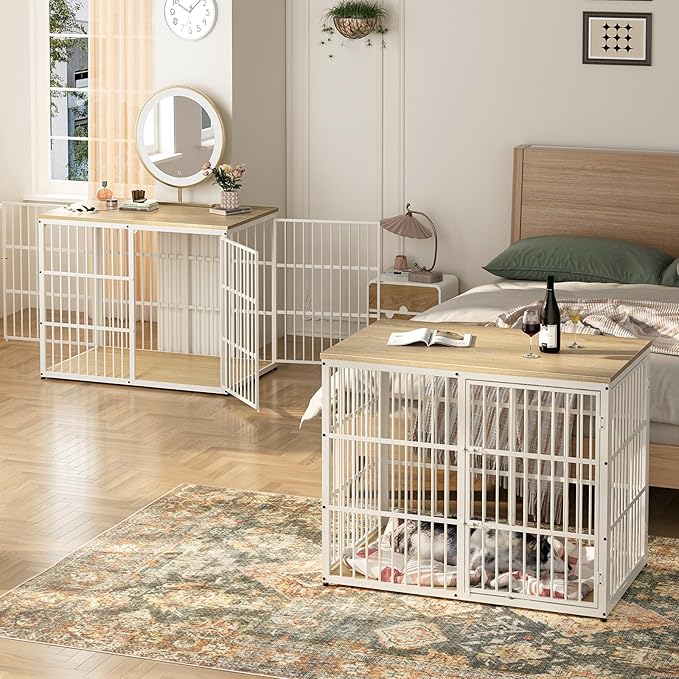 94.48'' Dog Crate Furniture Large Breed TV Stand with Double Rooms for 2 Large Medium Dogs, Wooden Indoor Kennel Crate Cage End Table with Removable Divider, Can Use Separately, Natural Beech