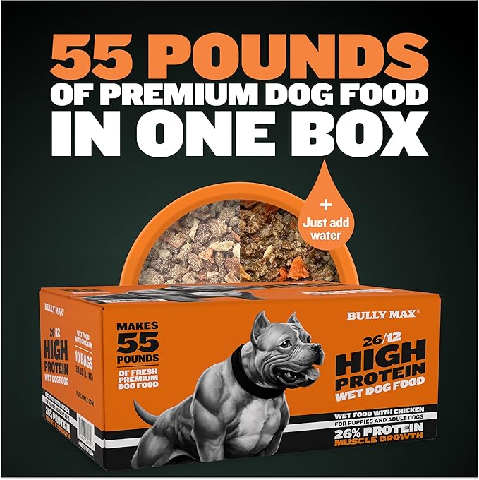 Bully Max Wet Dog Food - Instant Fresh Dehydrated High Protein Soft Puppy & Adult Dog Food with Chicken - Healthy Muscle Growth for Small & Large Breeds - 20 Dry Pounds (Makes 55 lbs. of Wet Food)