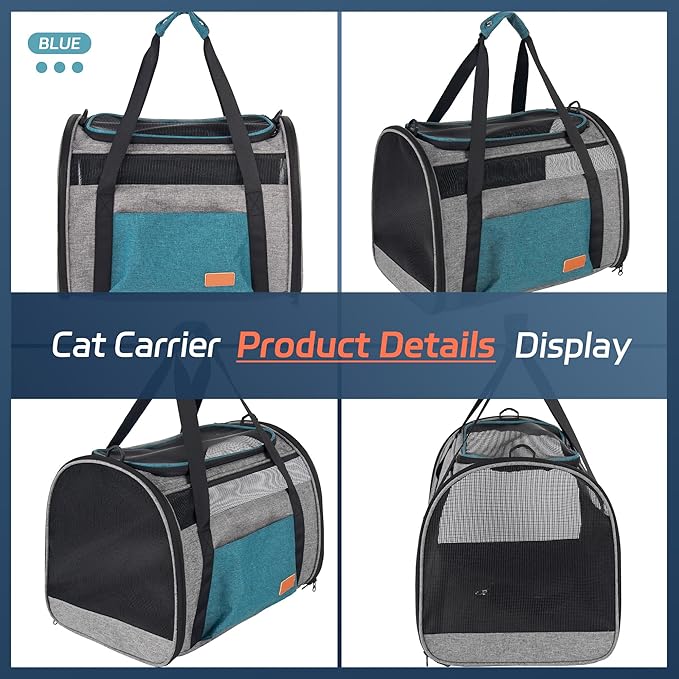 Cat Carrier for Large Cats 20 lbs, Soft Sided Breathable Mesh Cat Travel Carrier, Large Cat Carrier Airline Approved, Washable Pet Carrier for Cats Small Dogs Puppies, Foldable Cat Carrier, Blue
