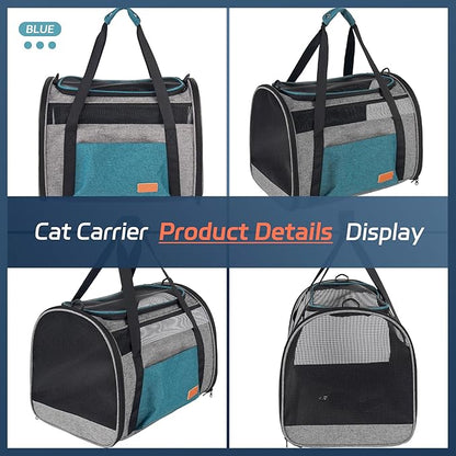 Cat Carrier for Large Cats 20 lbs, Soft Sided Breathable Mesh Cat Travel Carrier, Large Cat Carrier Airline Approved, Washable Pet Carrier for Cats Small Dogs Puppies, Foldable Cat Carrier, Blue