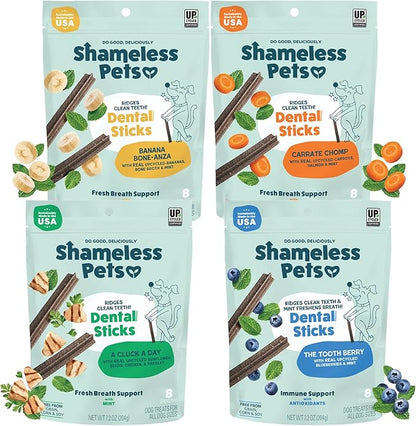 Shameless Pets Dental Treats for Dogs, Variety (4-Pack) - Healthy Teeth Cleaning Sticks for Fresh Breath - Dog Bones Dental Chews Free from Grain, Corn & Soy