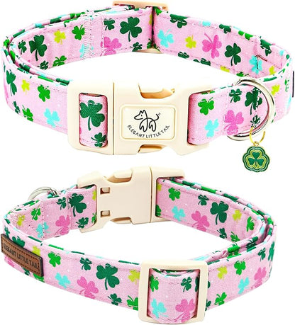 Elegant little tail St Patrick's Day Dog Collar-Lucky Colver Cotton Shamrock Pet Collar Trefoil Holiday Adjustable Cotton Pet Collar with Quick Release Buckle for Small Medium Large Dogs