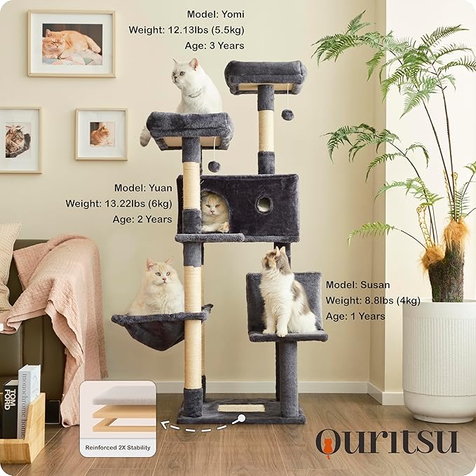 Ouritsu Cat Tree, 57 inch Cat Tower for Large Cat Indoor, 2 Top Perches with 1 Widened, 2 Condos with 1 Enlarged, Steel Frame Hammock, Scratching Posts and Scratching Pad, Dark Gray, LF003DG