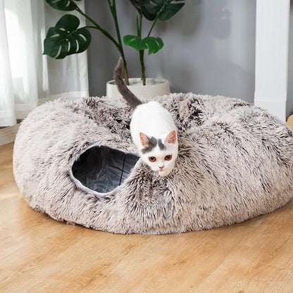 LUCKITTY Warm Fluffy Plush Cat Tunnel Bed Under Christmas Tree Big Tube Playground Toys 3 FT Diameter Longer Crinkle Collapsible 3 Way, for Indoor Cat Kitty Kitten Puppy Rabbit Ferret Brown