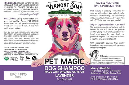 VERMONT SOAP Organics Pet Shampoo - Infused with Organic & Natural Olive Oil, Coconut & Aloe Vera Dog Shampoo for Sensitive Skin - USDA Certified Grooming Pet Shampoo (16oz)