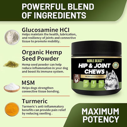 Noble Beast Dog Joint Supplement - Hip and Joint Care for Dogs - All Natural - Soft Chews with Glucosamine, Chondroitin, MSM & Hemp for Dog Joint Relief - Chicken Flavor  120 Count