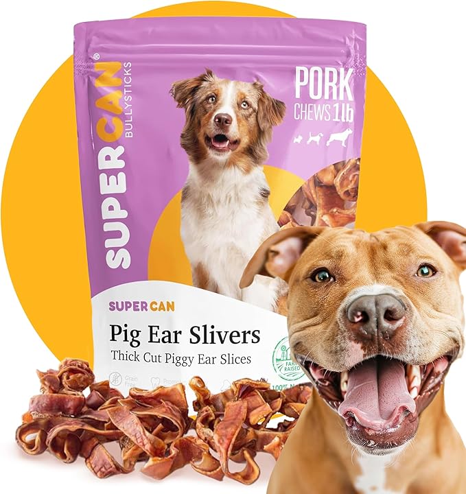 Super Can Pig Ears Slivers for Dogs 1LB - All Natural Dog Chews - Long Lasting Treats Small Medium Large Dogs - Rawhide Free & High Protein - Low Fat, Odor Free, Grain Free - Supports Dental Health
