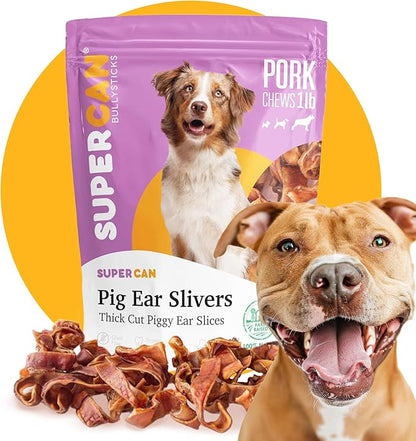 Super Can Pig Ears Slivers for Dogs 1LB - All Natural Dog Chews - Long Lasting Treats Small Medium Large Dogs - Rawhide Free & High Protein - Low Fat, Odor Free, Grain Free - Supports Dental Health