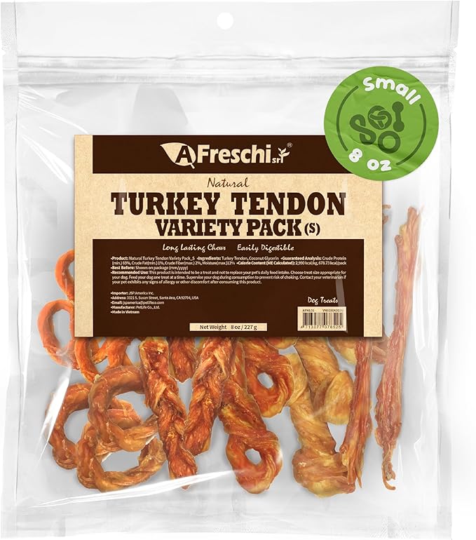Afreschi Turkey Tendon Dog Treats, 8 oz Variety Pack (for Small Breeds), Turkey Sourced from USA, All Natural Puppy Chew, Hypoallergenic, Rawhide Alternative