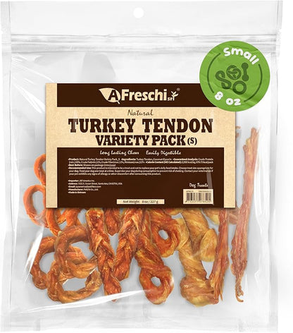 Afreschi Turkey Tendon Dog Treats, 8 oz Variety Pack (for Small Breeds), Turkey Sourced from USA, All Natural Puppy Chew, Hypoallergenic, Rawhide Alternative